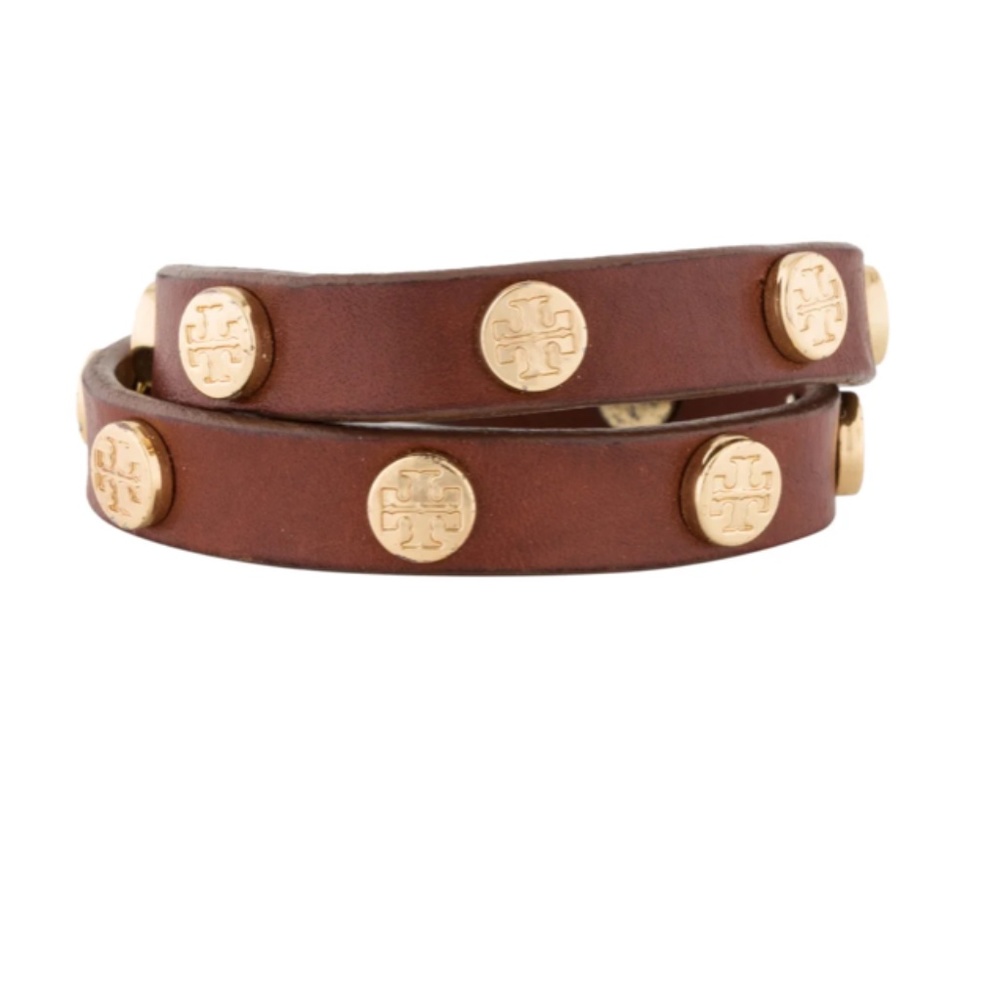 Tory Burch Leather Double Wrap Logo Stud Bracelet